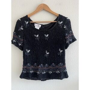 Laurence Kazar Vintage Sequined Black Beaded Silk Top Large (smaller) Artsy